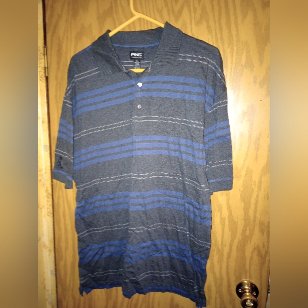 Ping Collection Blue /Black Striped Polo Golf Shirt Men's Lg. Mercerized Cotton
